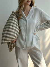 Gray striped muslin shirt and pants suit