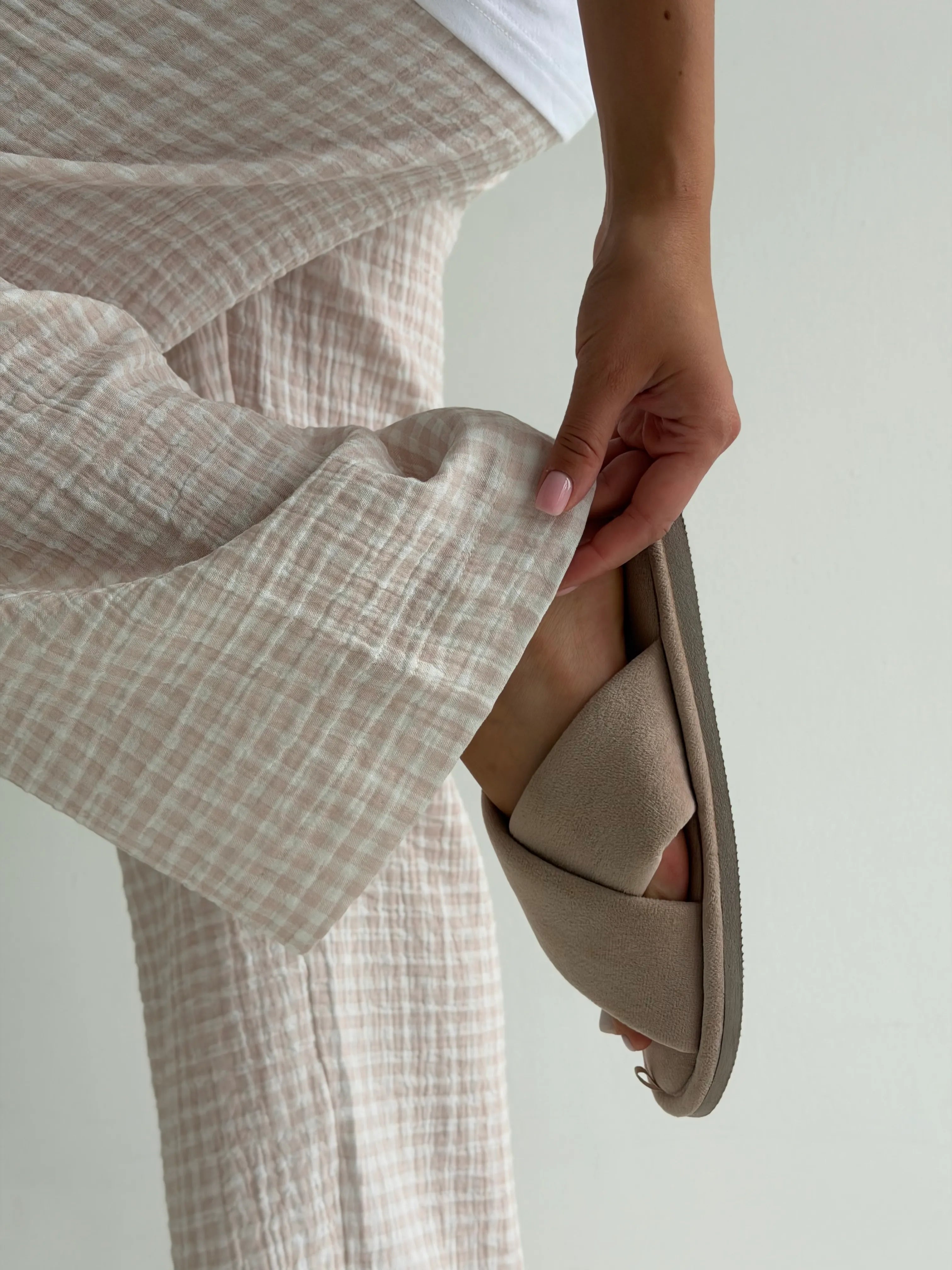 Set of jersey T-shirt and muslin pants, beige check on milky