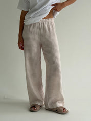 Set of jersey T-shirt and muslin pants, beige check on milky
