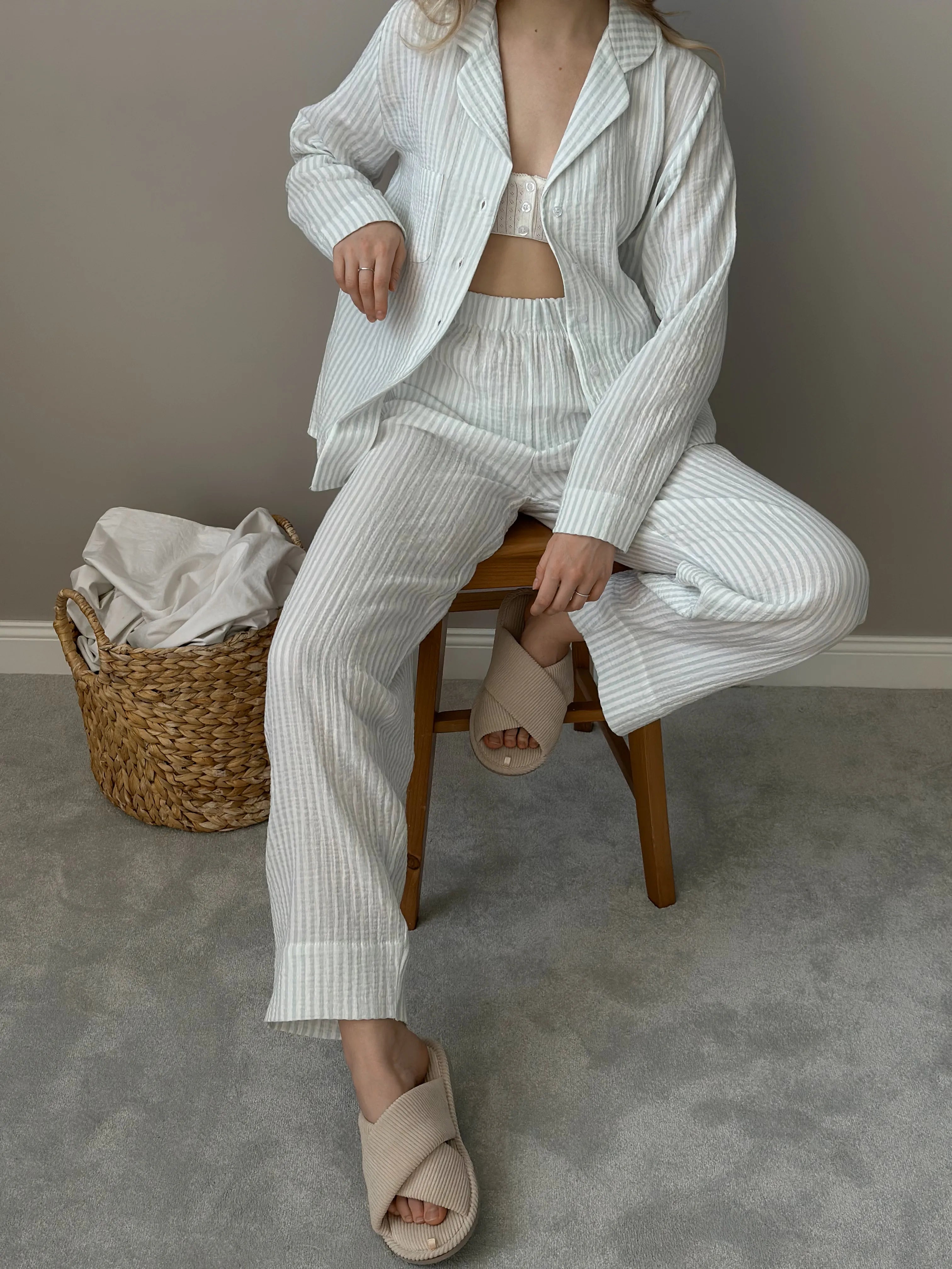 Gray striped muslin shirt and pants suit