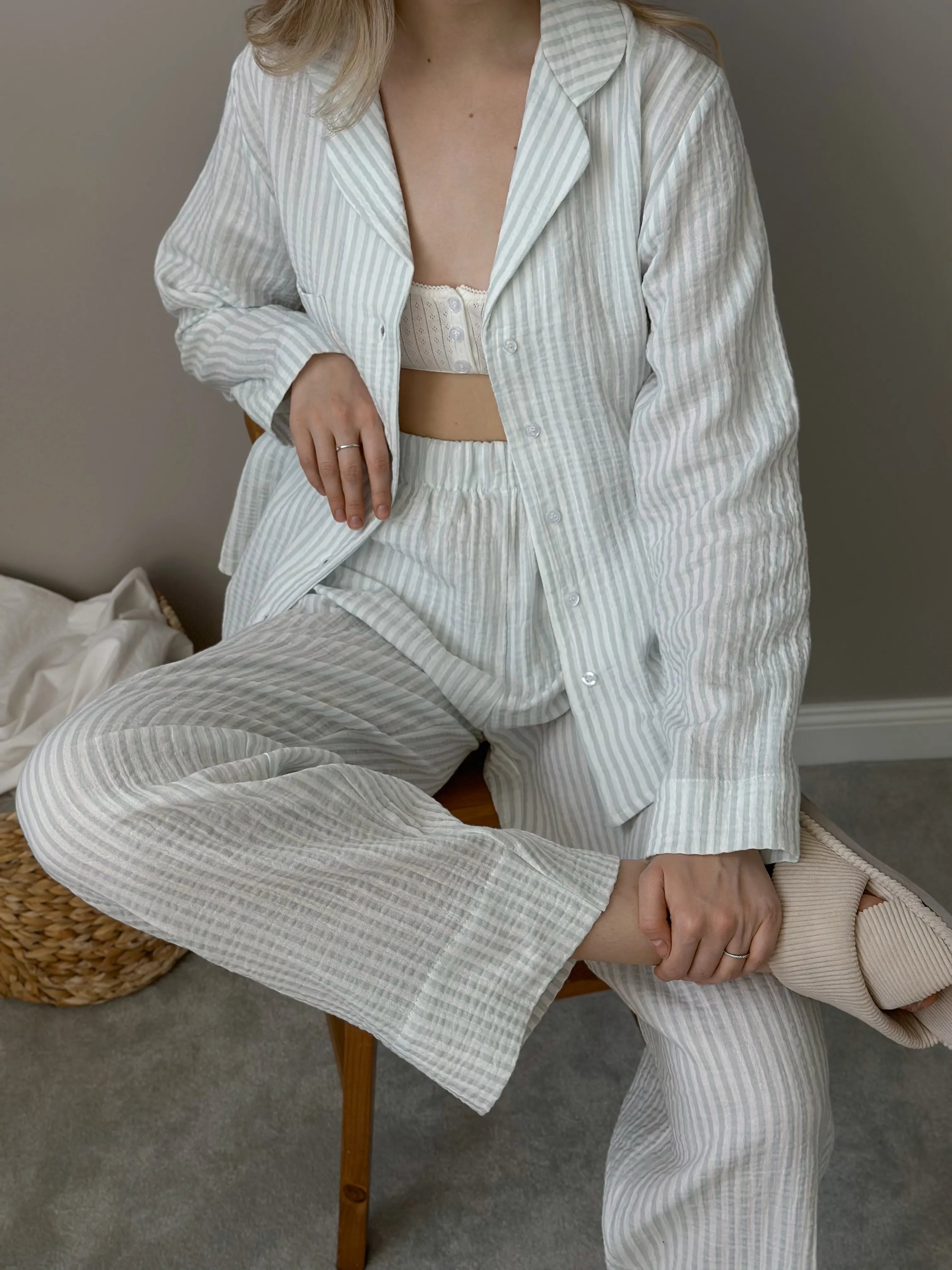 Gray striped muslin shirt and pants suit