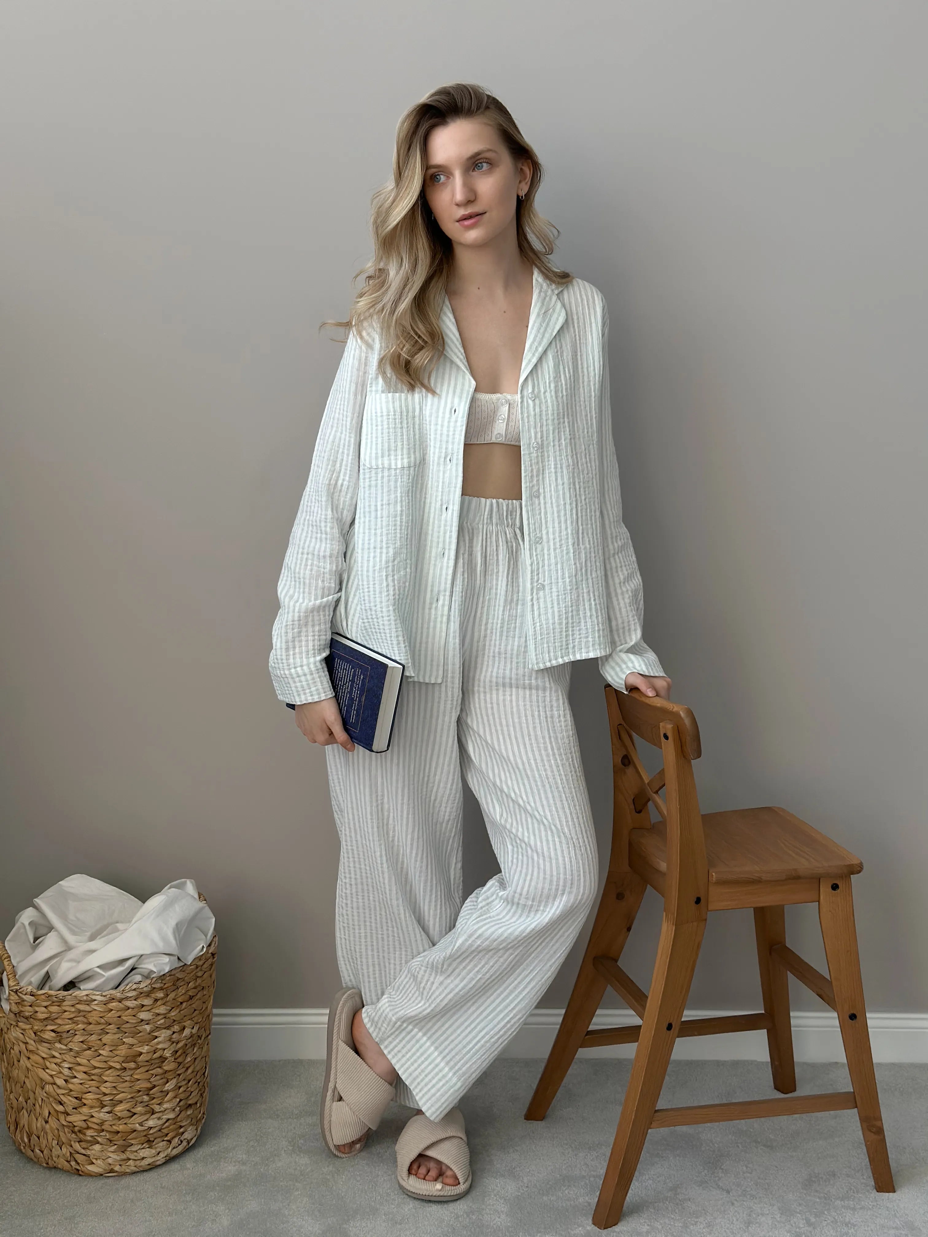 Gray striped muslin shirt and pants suit