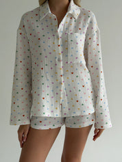Long sleeve shirt and shorts muslin hearts multicolor on white
