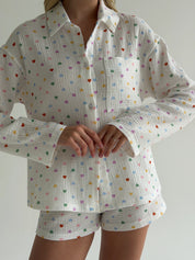 Long sleeve shirt and shorts muslin hearts multicolor on white