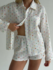 Long sleeve shirt and shorts muslin hearts multicolor on white