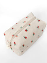 Fluffy medium square white cosmetic bag with red flower