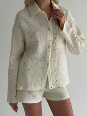 Long sleeve shirt and muslin shorts suit, large black polka dots on milky
