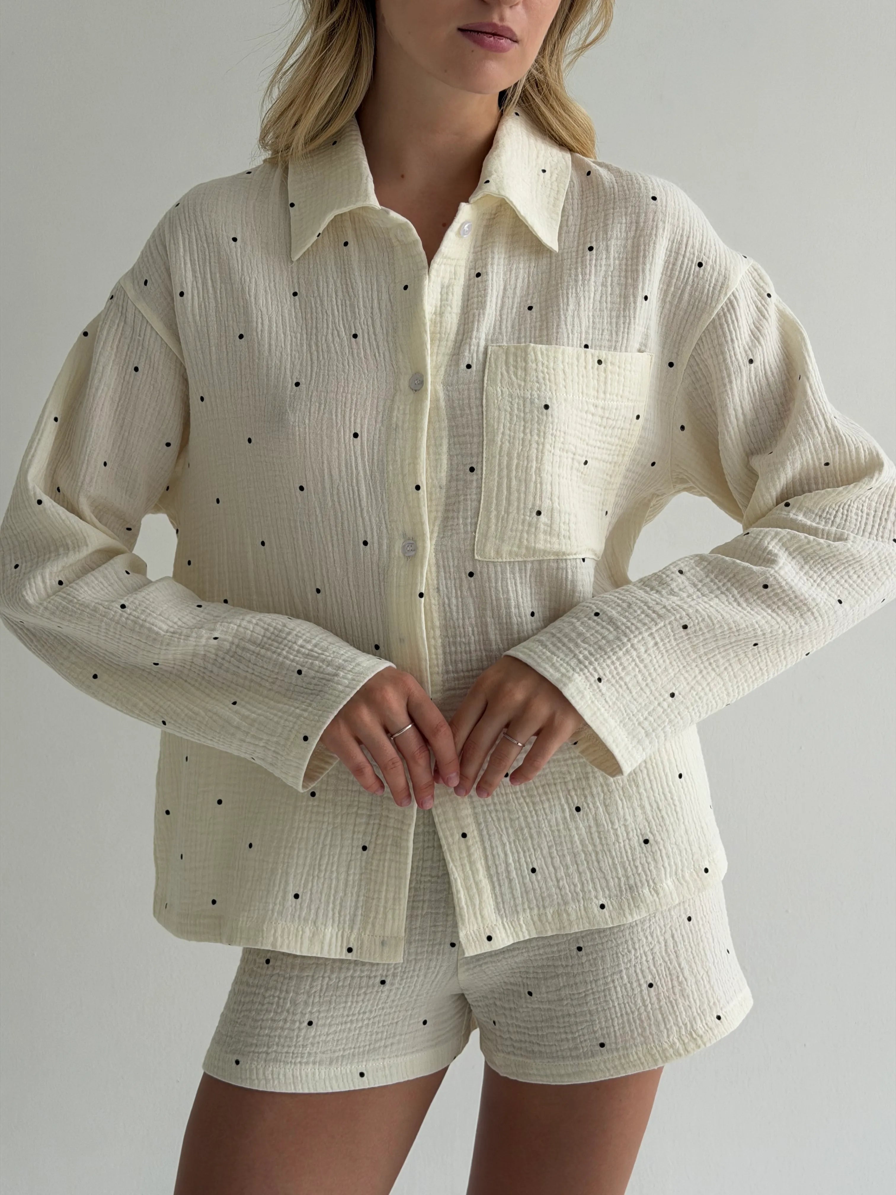 Long sleeve shirt and muslin shorts suit, large black polka dots on milky