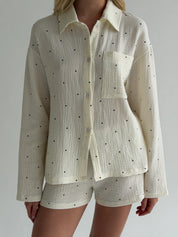 Long sleeve shirt and muslin shorts suit, large black polka dots on milky