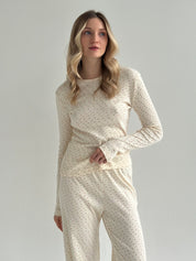 Ribana knitted suit, wide pants and long sleeves, milky rose