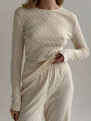 Ribana knitted suit, wide pants and long sleeves, milky rose