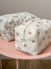 Fluffy medium square white cosmetic bag with red flower