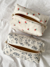 Fluffy medium square white cosmetic bag with red flower