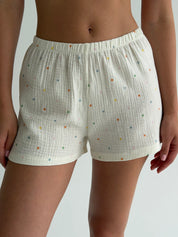 Long-sleeved shirt and shorts suit muslin multi-colored peas on milk