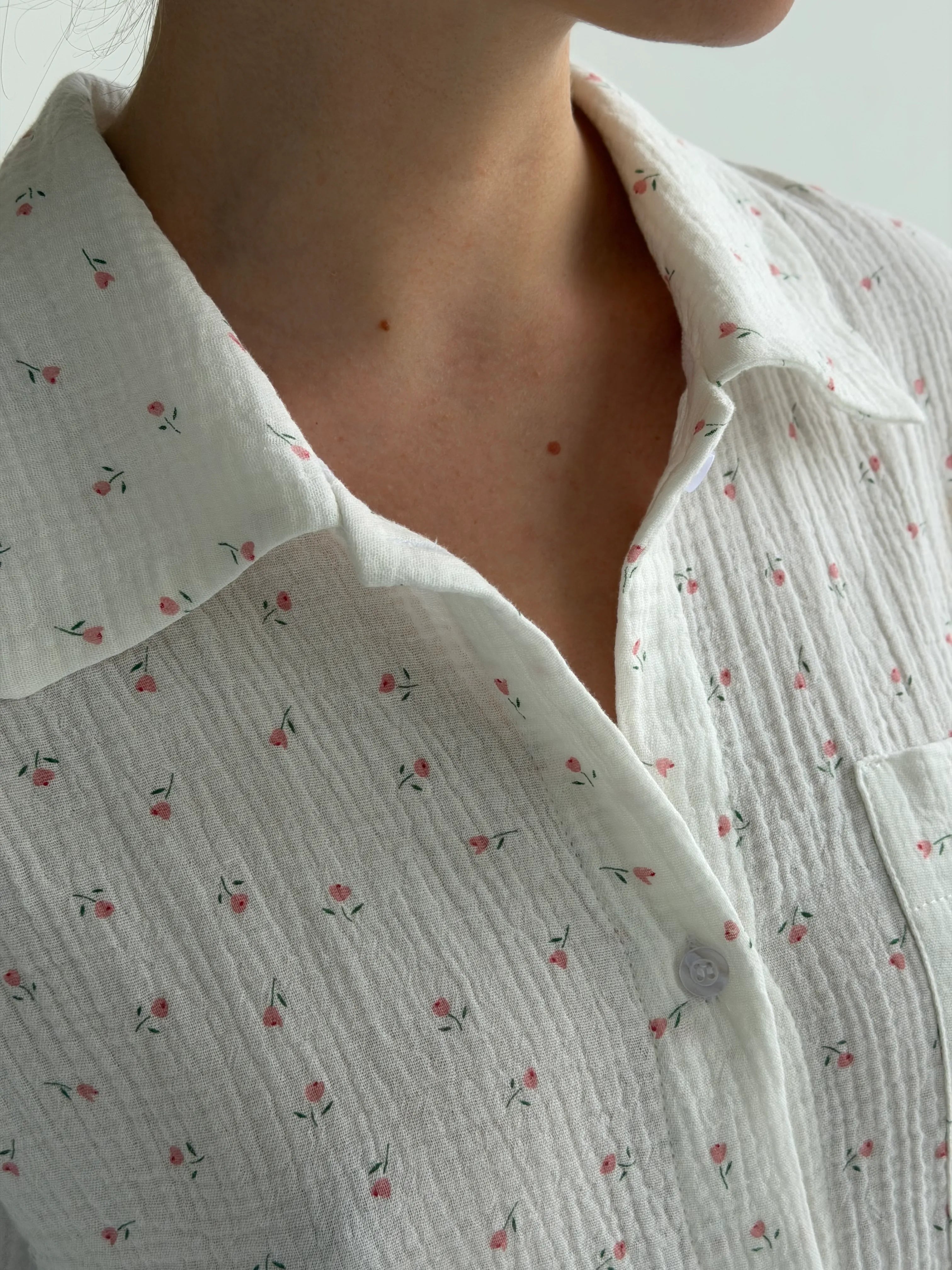 Long sleeve shirt and muslin tulip shorts suit on white