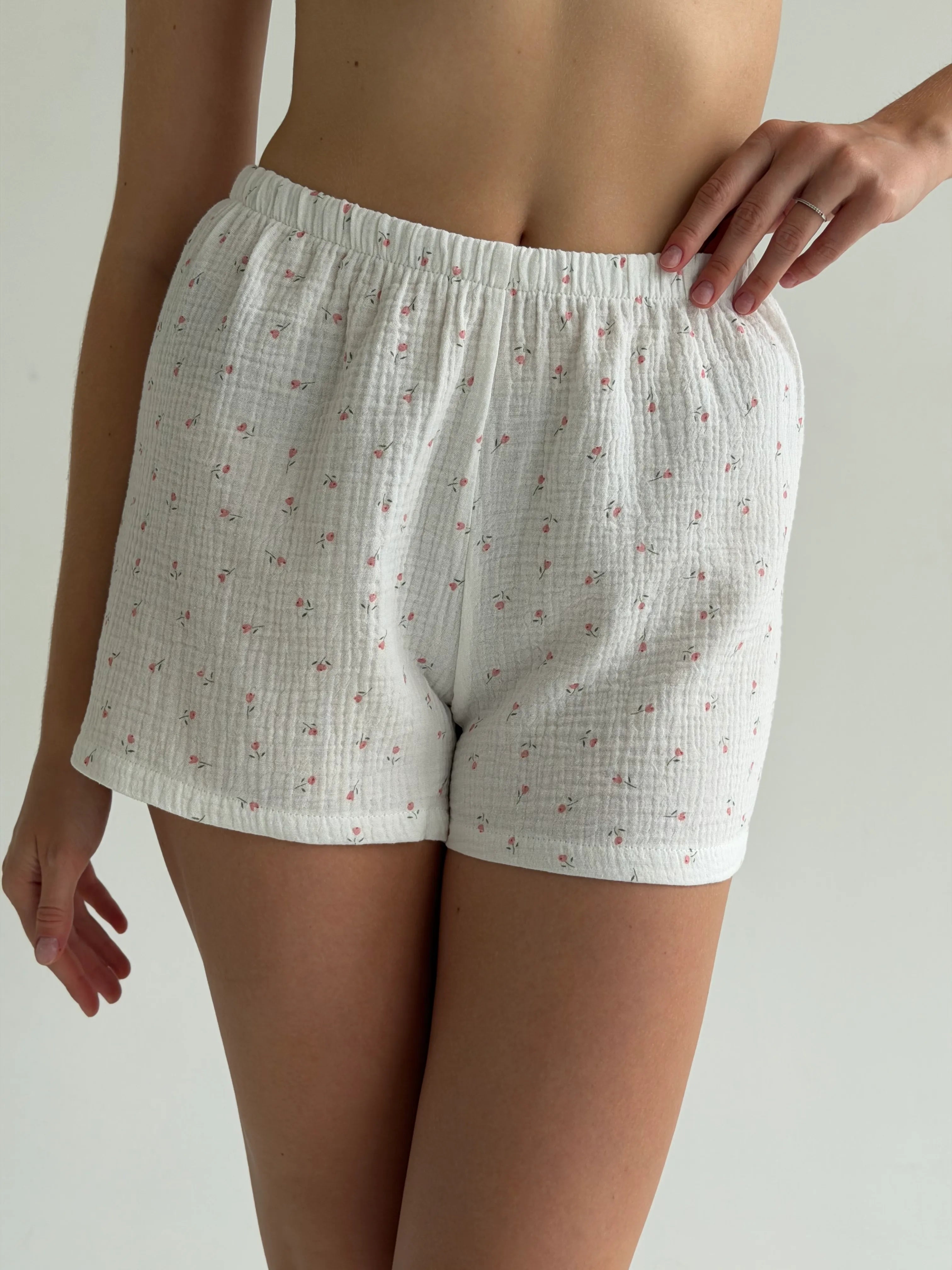 Long sleeve shirt and muslin tulip shorts suit on white