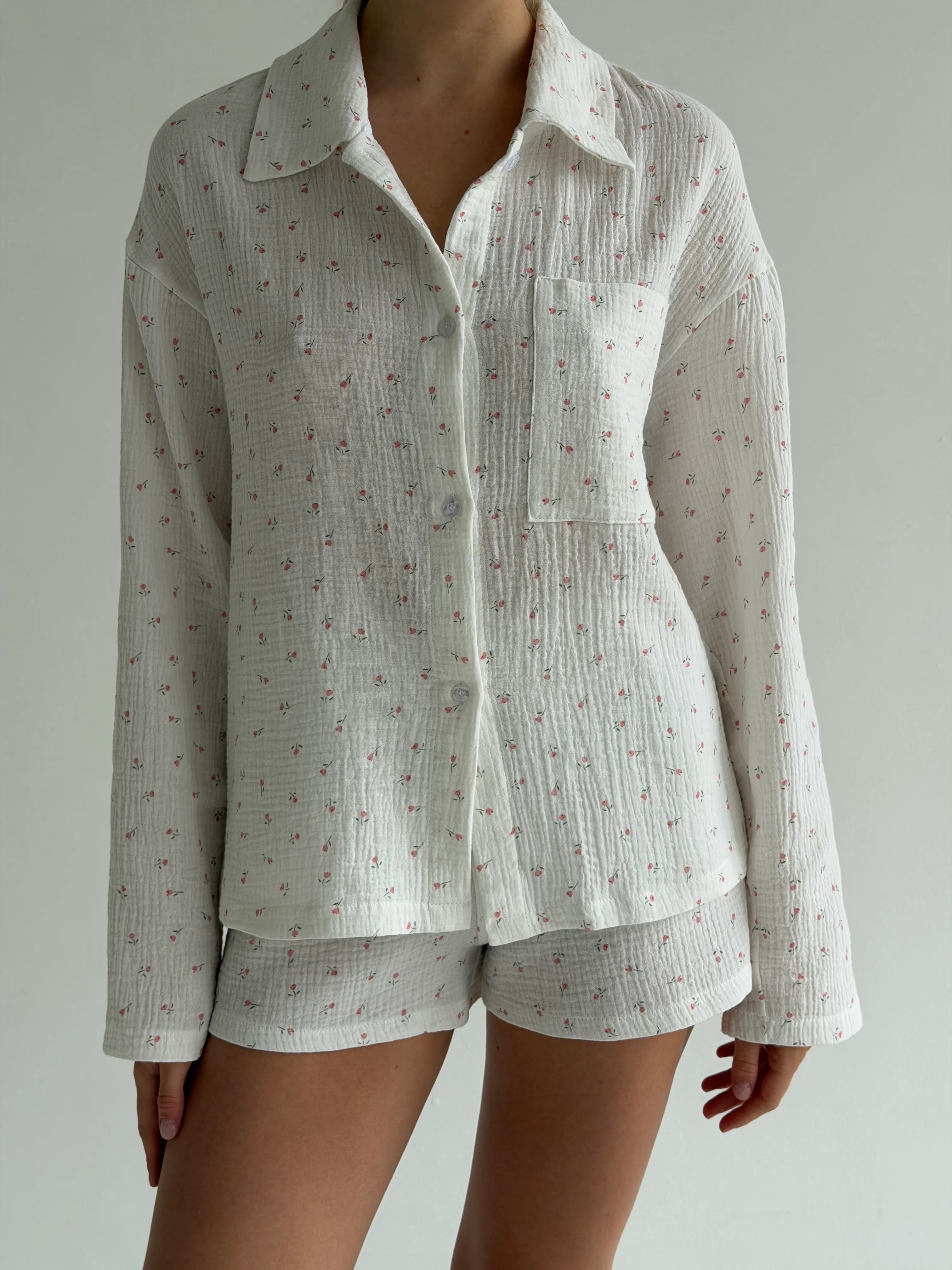 Long sleeve shirt and muslin tulip shorts suit on white