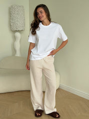 Set of jersey T-shirt and muslin pants, beige check on milky