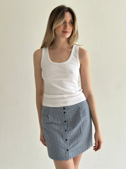 Short cotton striped skirt with buttons, blue/milk