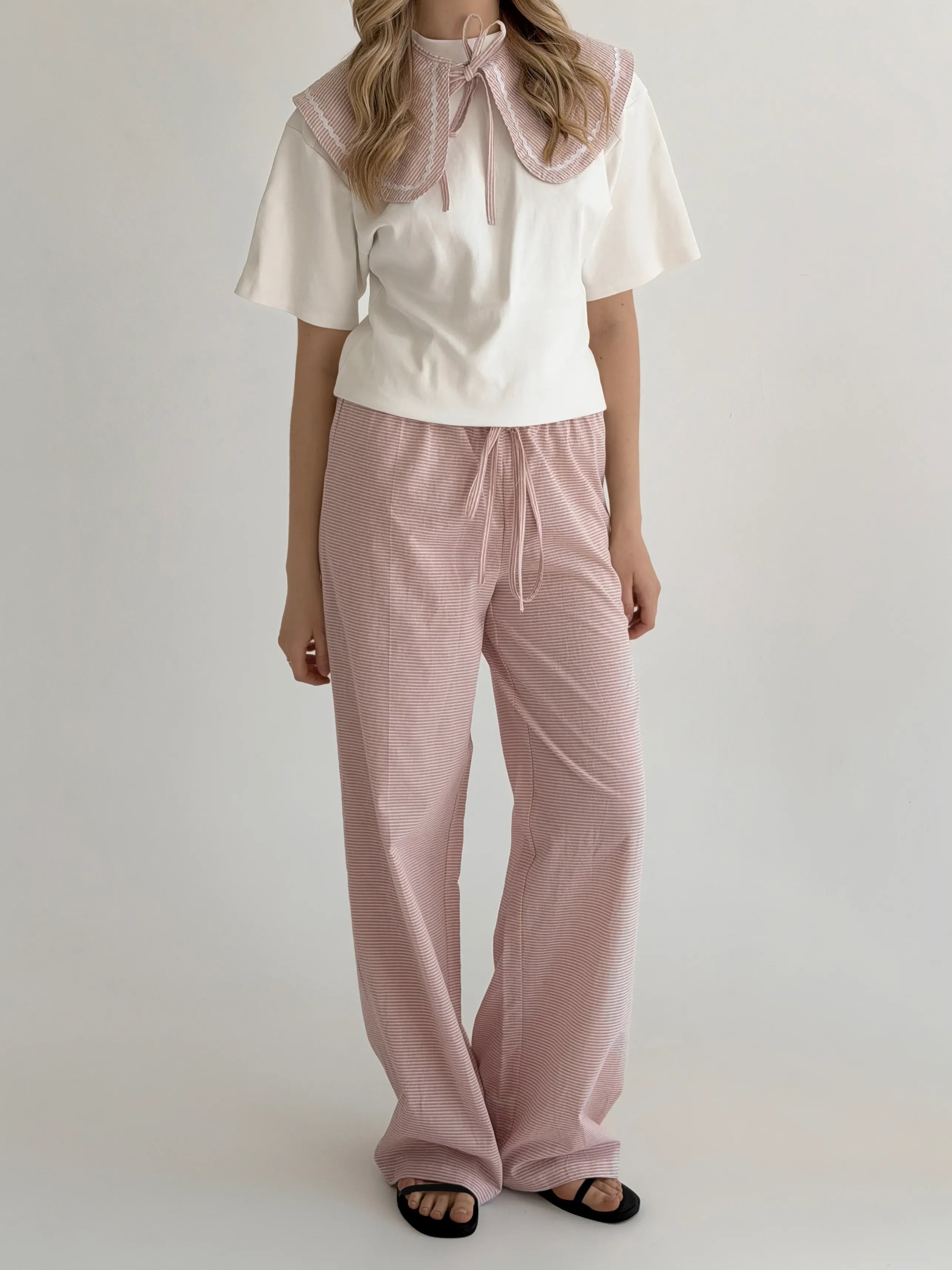 Cotton pants thin stripe with drawstring powder/milk