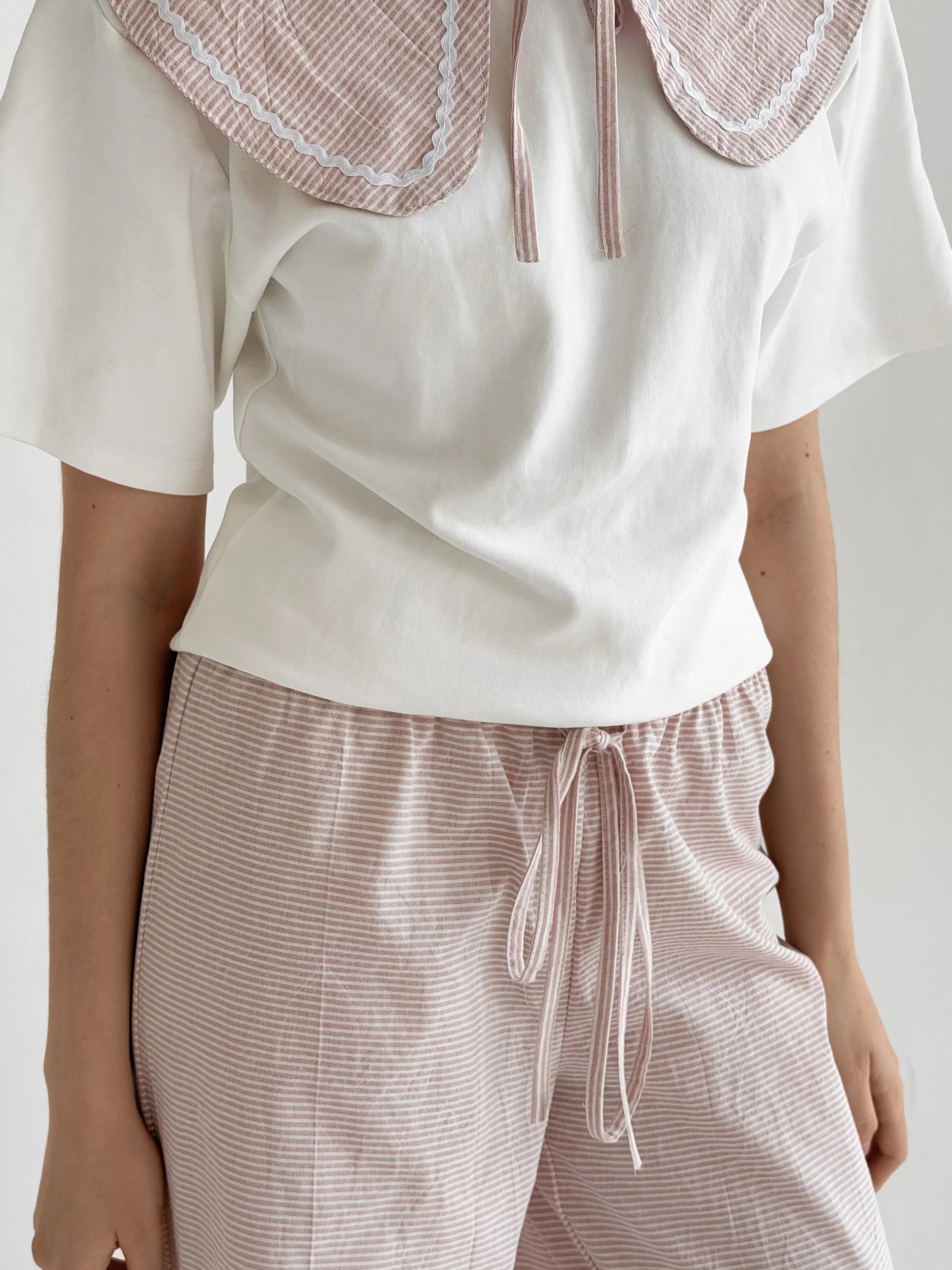 Cotton pants thin stripe with drawstring powder/milk