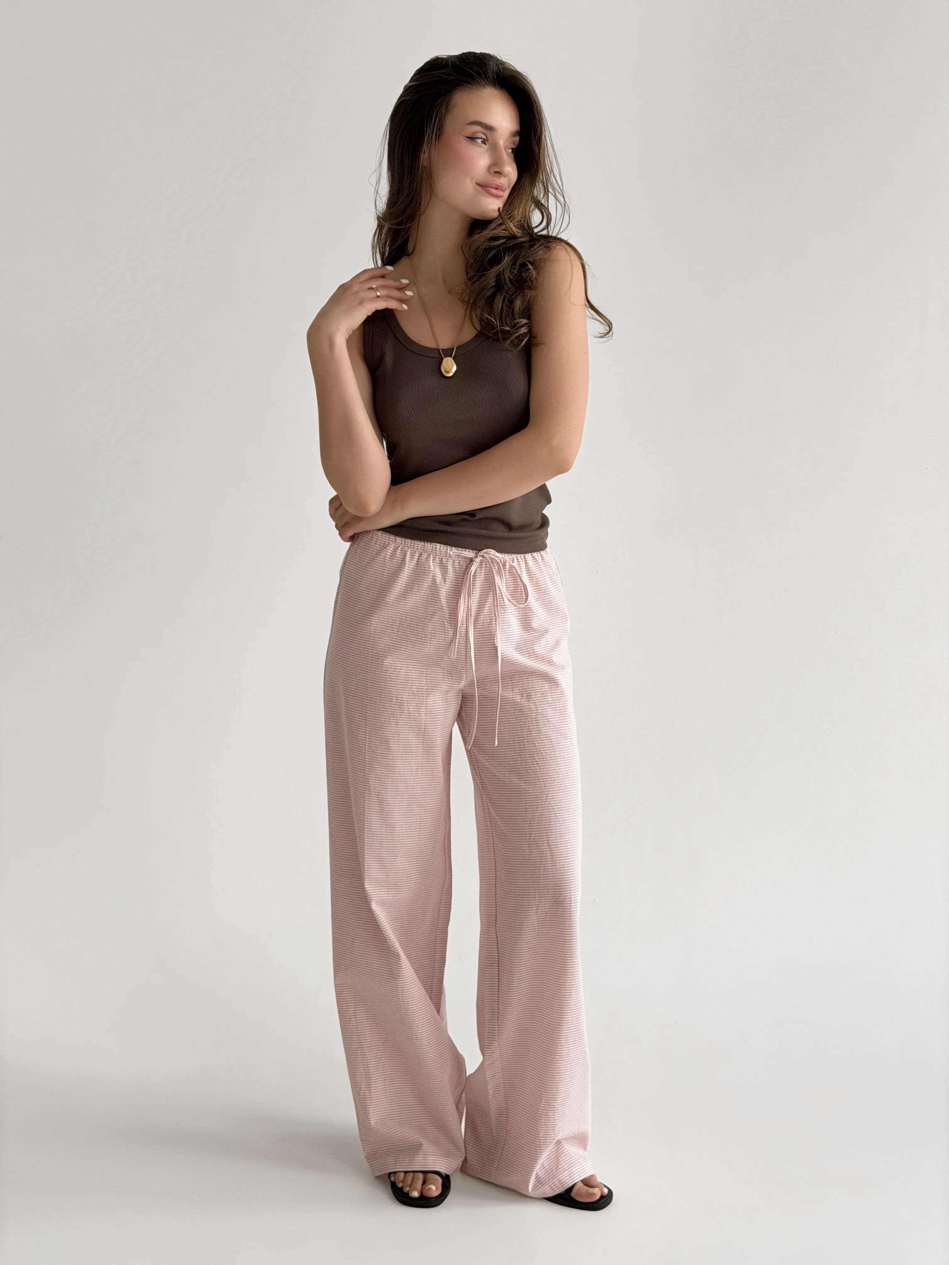 Cotton pants thin stripe with drawstring powder/milk
