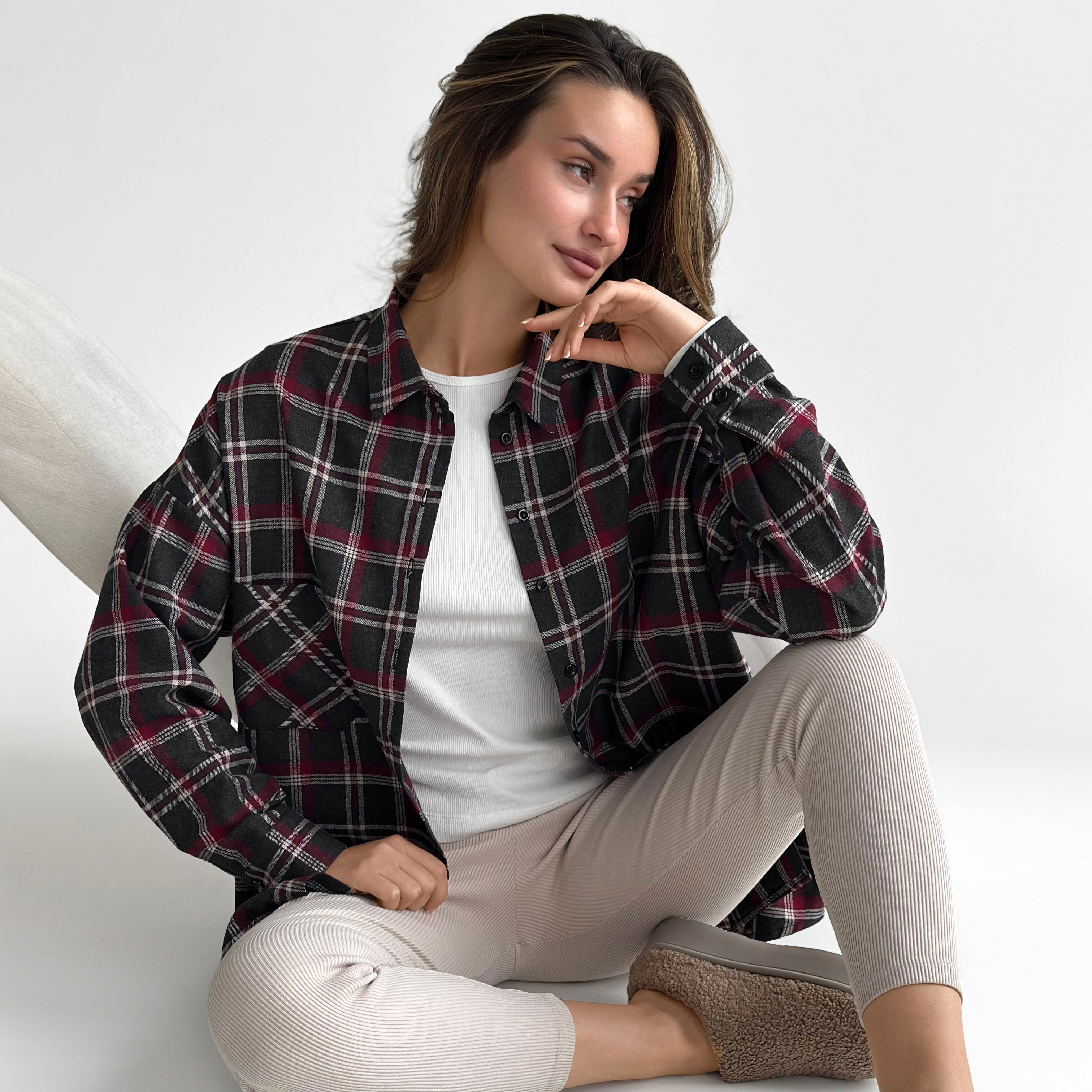 Flannel Shirt black "large burgundy and white check"