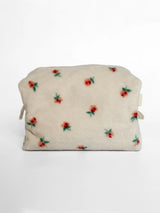 Fluffy cosmetic bag, small square, white with a red flower