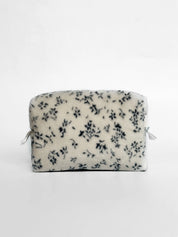 Fluffy cosmetic bag, small square, white with a blue flower