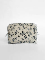 Fluffy cosmetic bag, small square, white with a blue flower