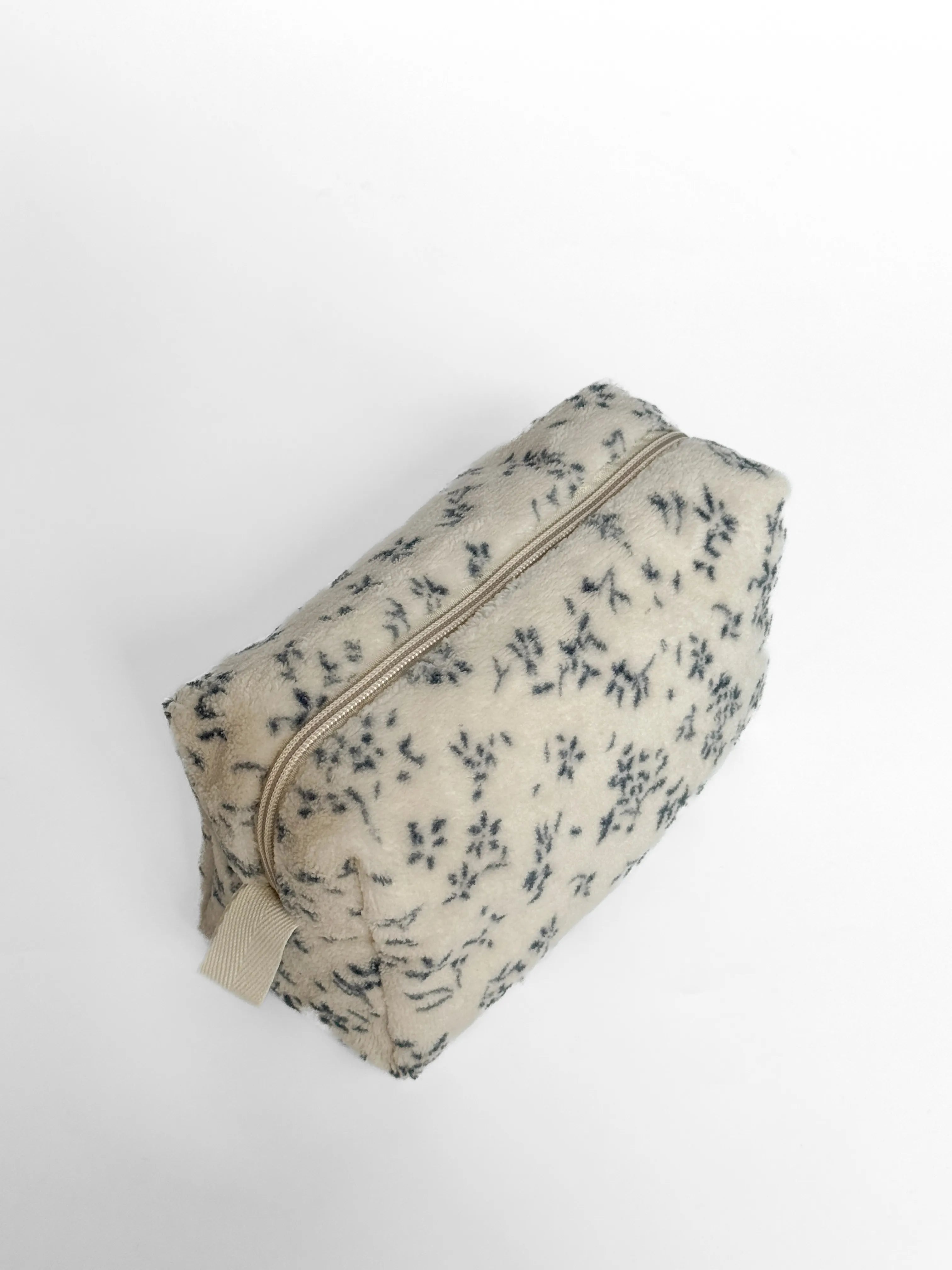 Fluffy cosmetic bag, small square, white with a blue flower