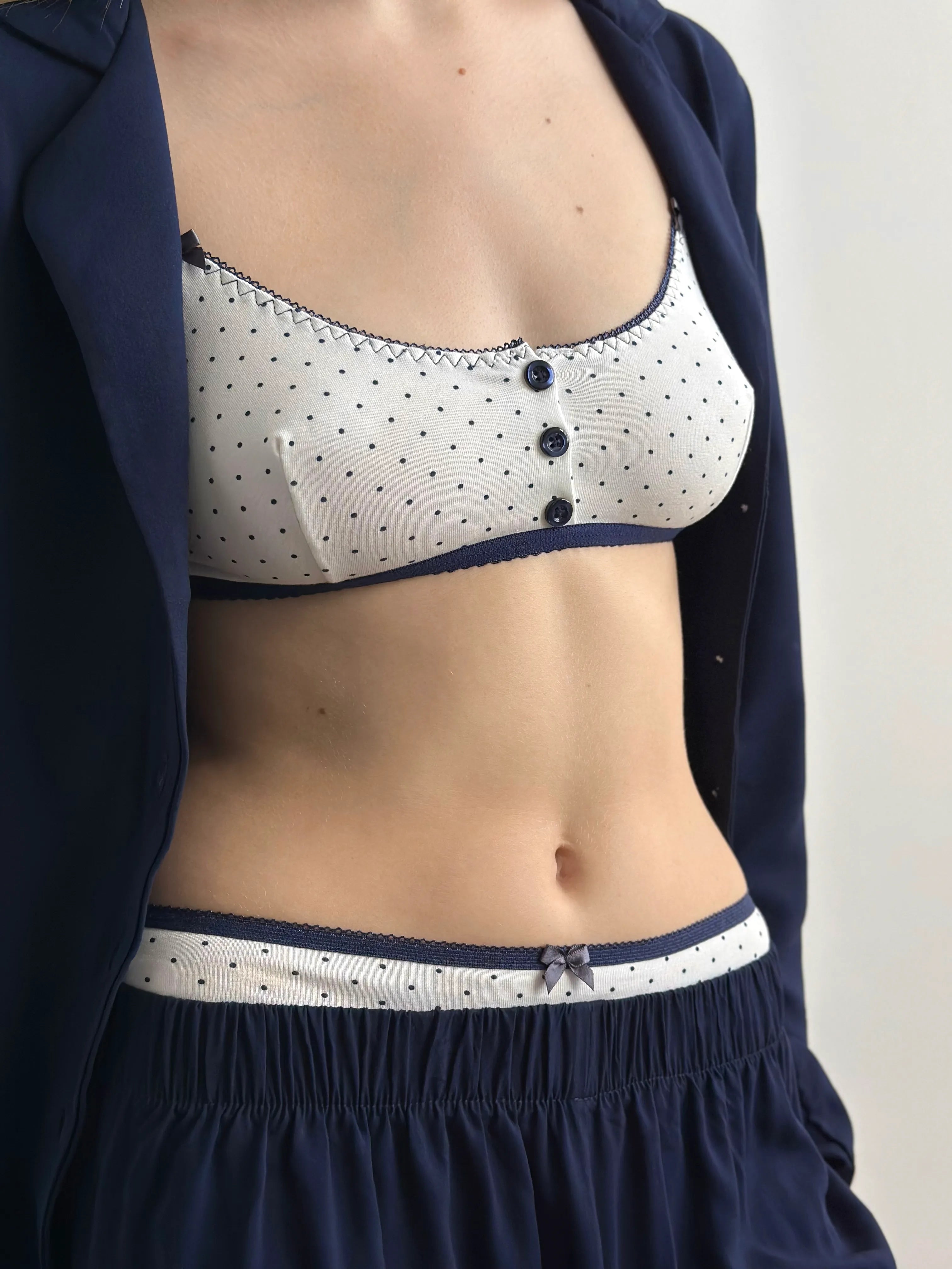 Lingerie Top Blue Polka Dots on White Knit