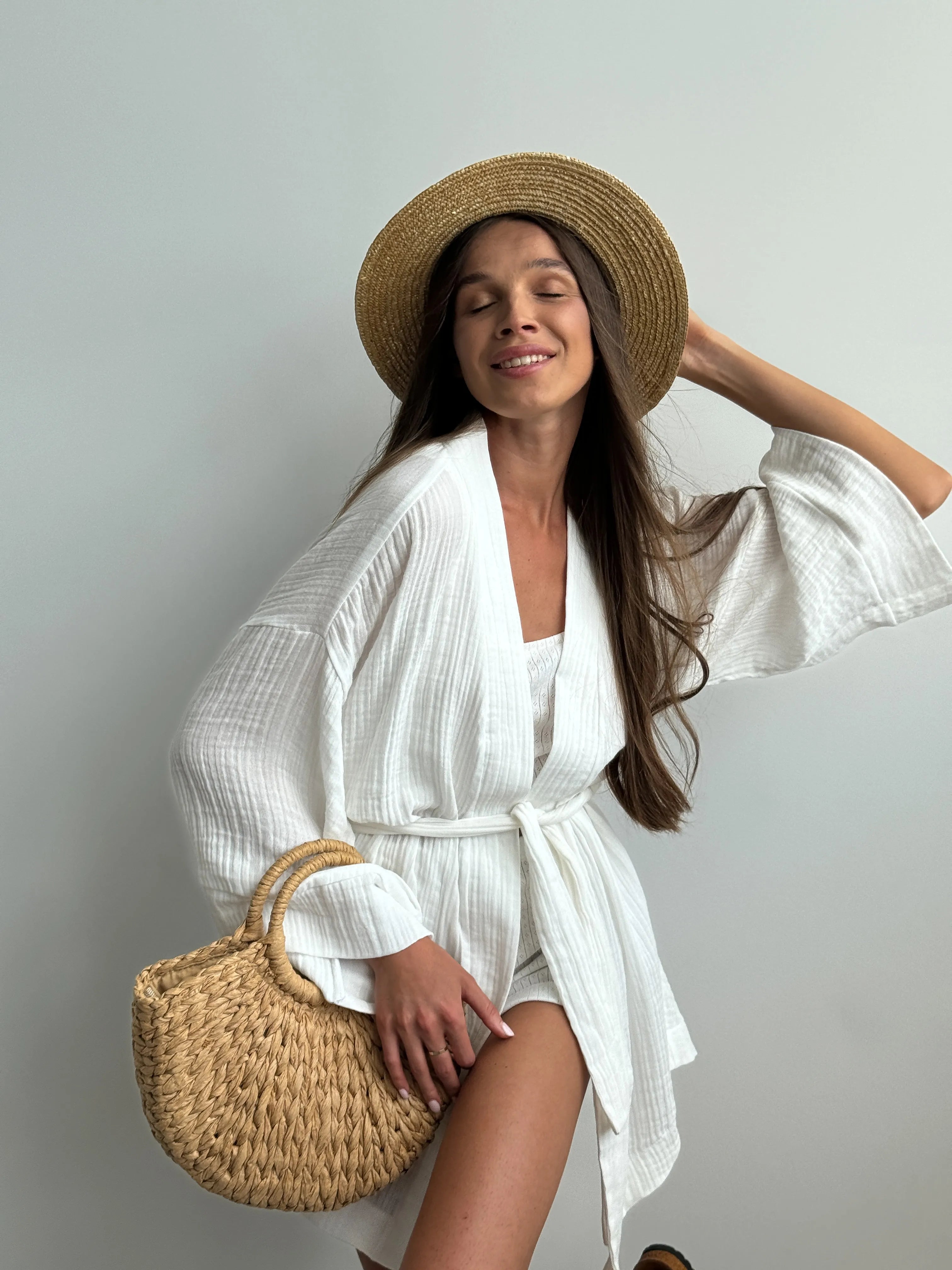Muslin set 2-layer kimono+shorts white