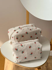 Fluffy cosmetic bag, small square, white with a red flower