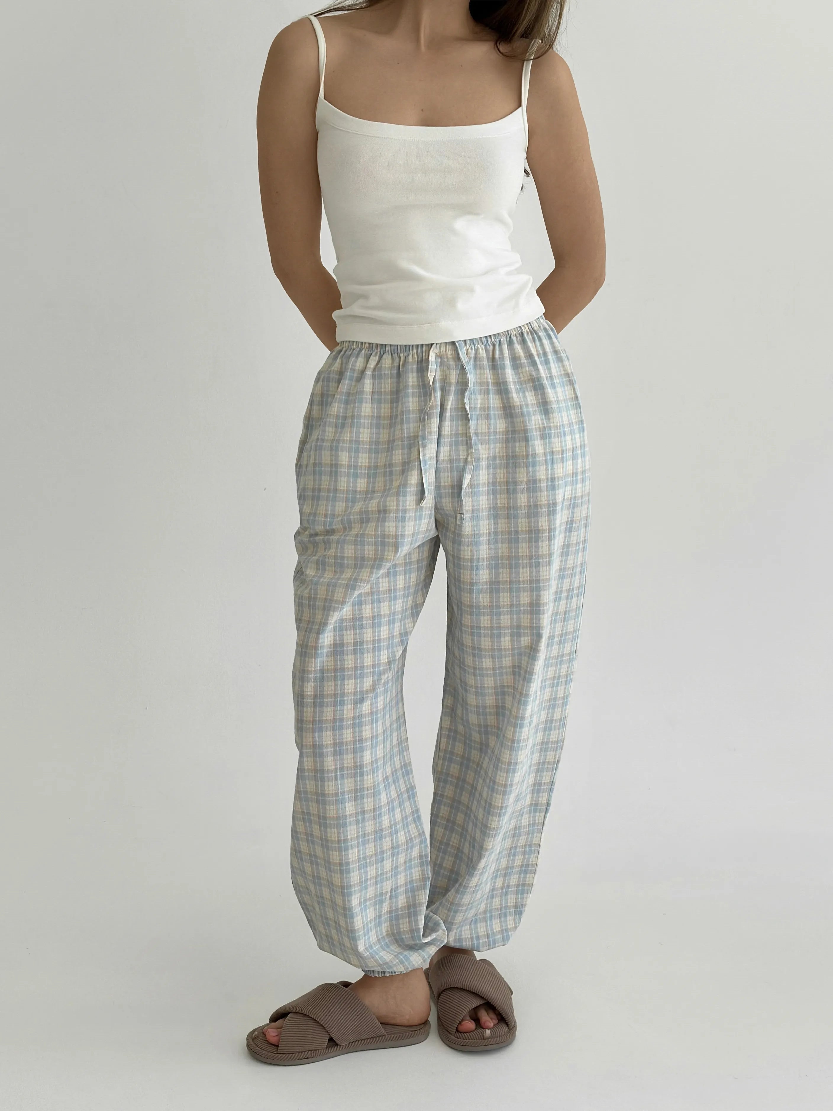 Cotton Harem Pants Blue Check