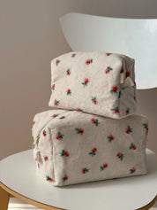 Fluffy cosmetic bag, small square, white with a red flower