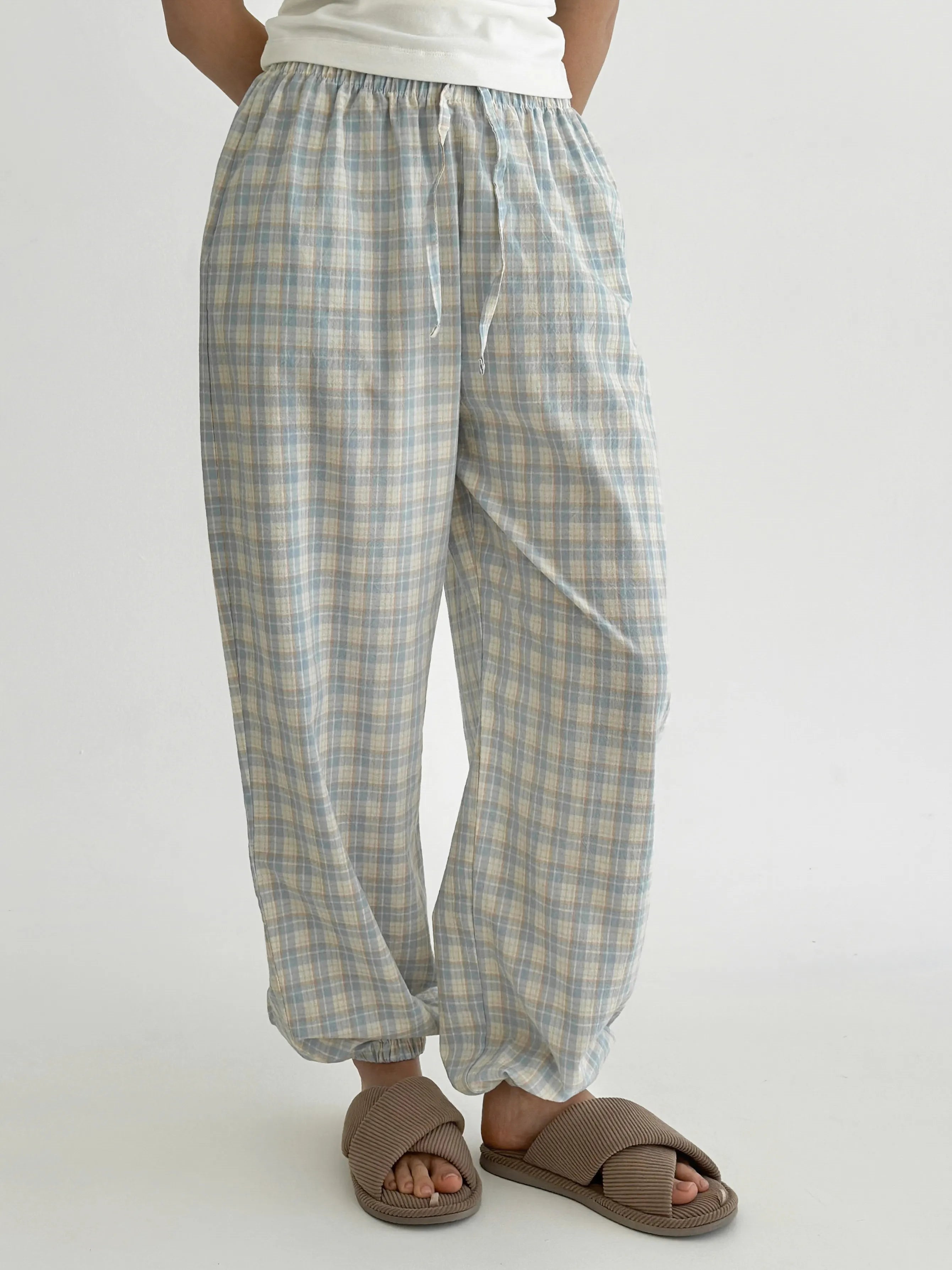 Cotton Harem Pants Blue Check