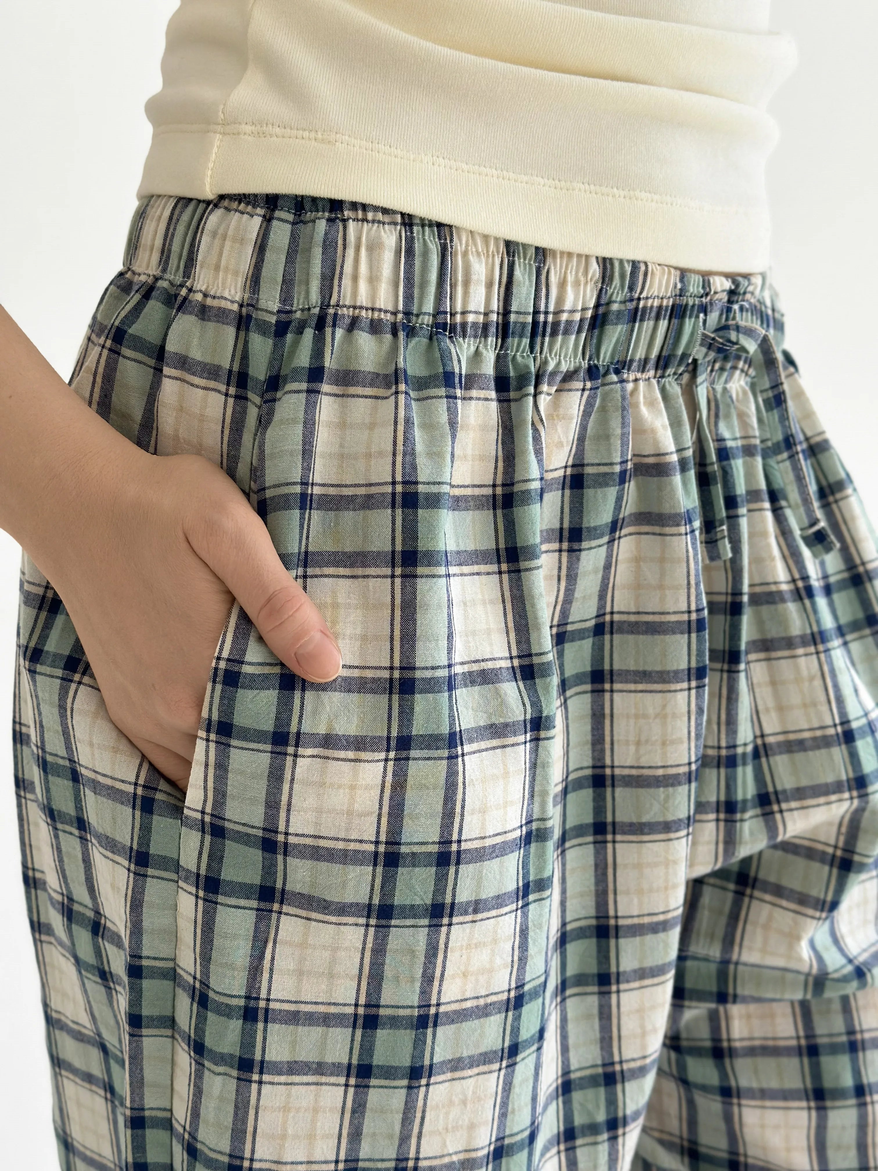 Cotton Harem Pants Check Blue-Green