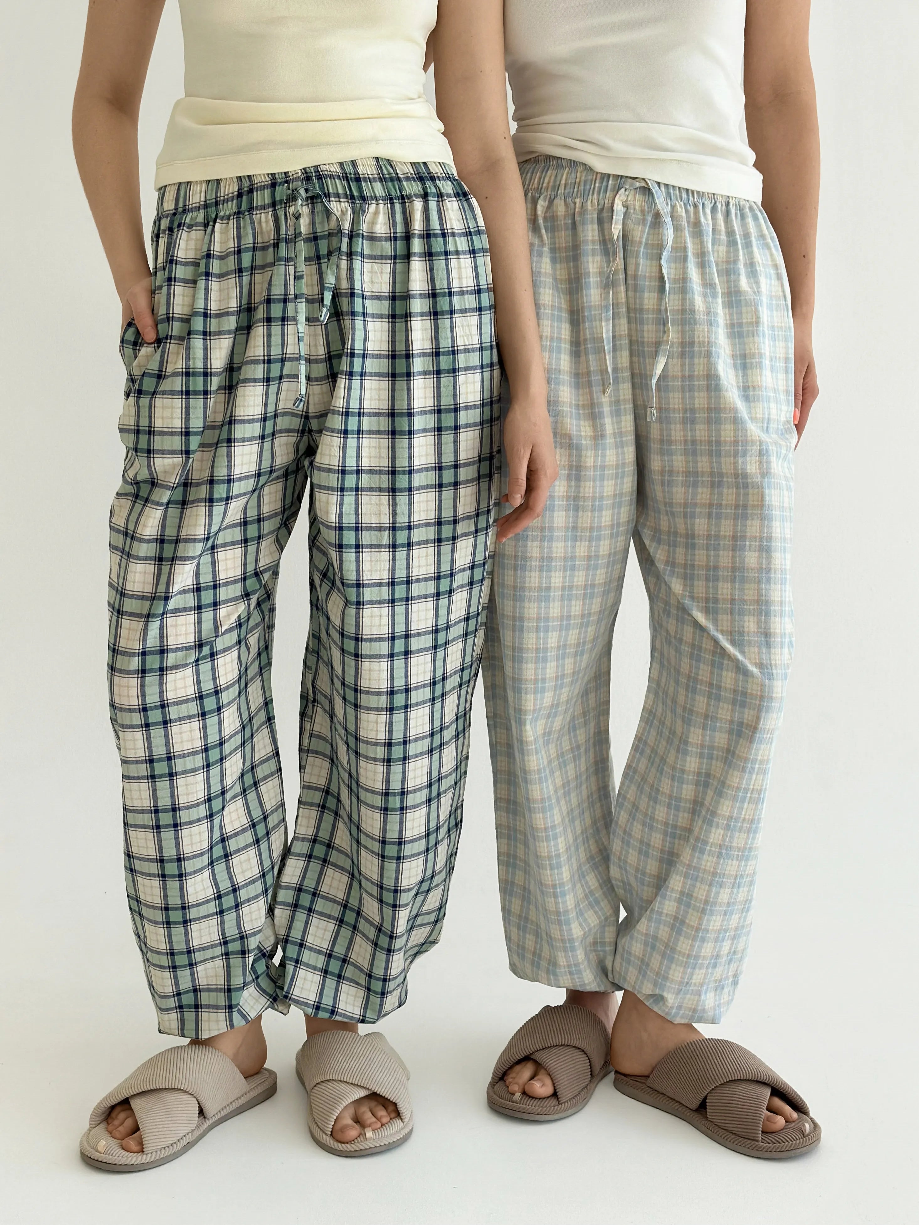 Cotton Harem Pants Check Blue-Green