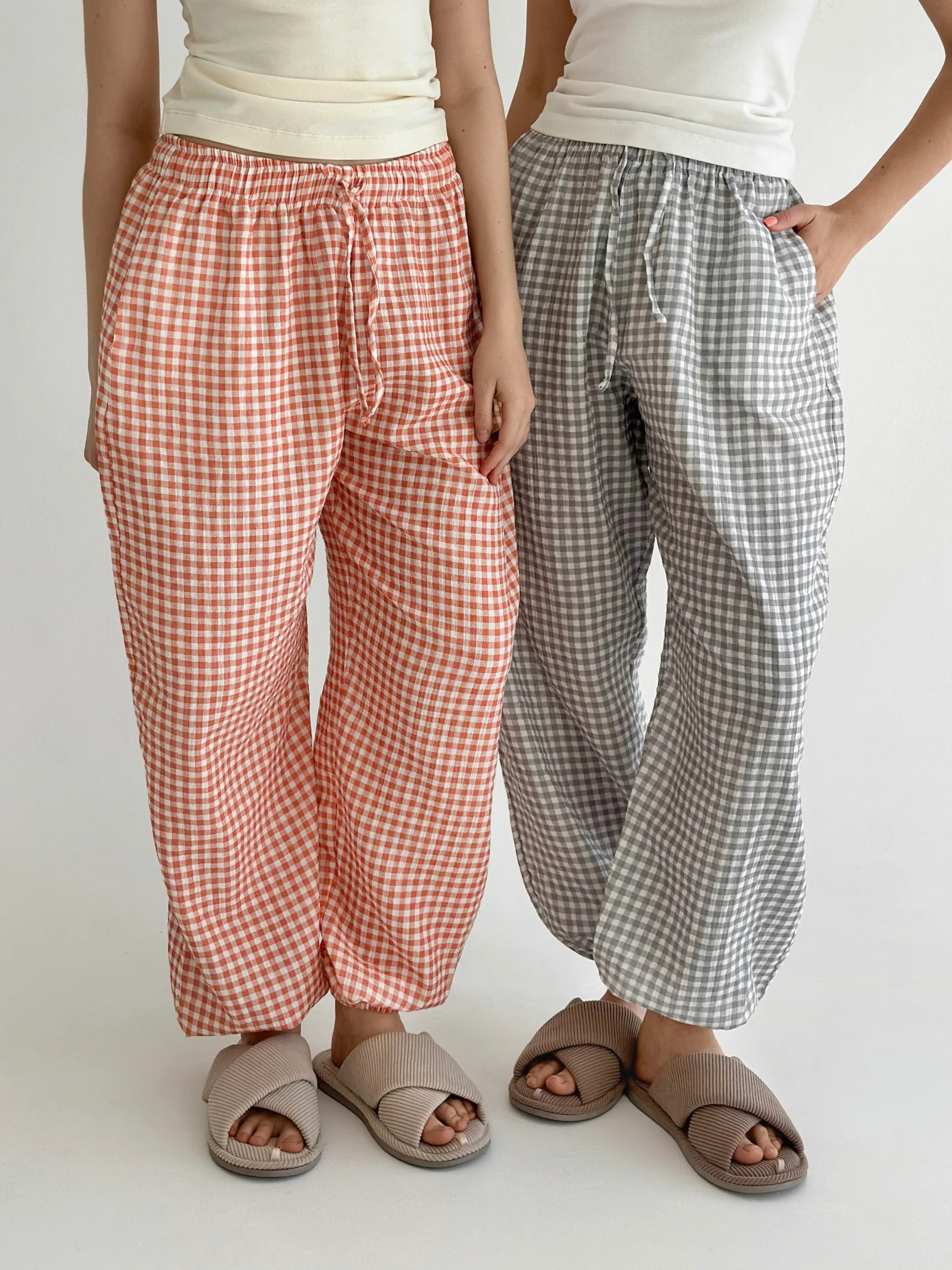 Muslin 2-layer Harem pants, terracotta check on milky
