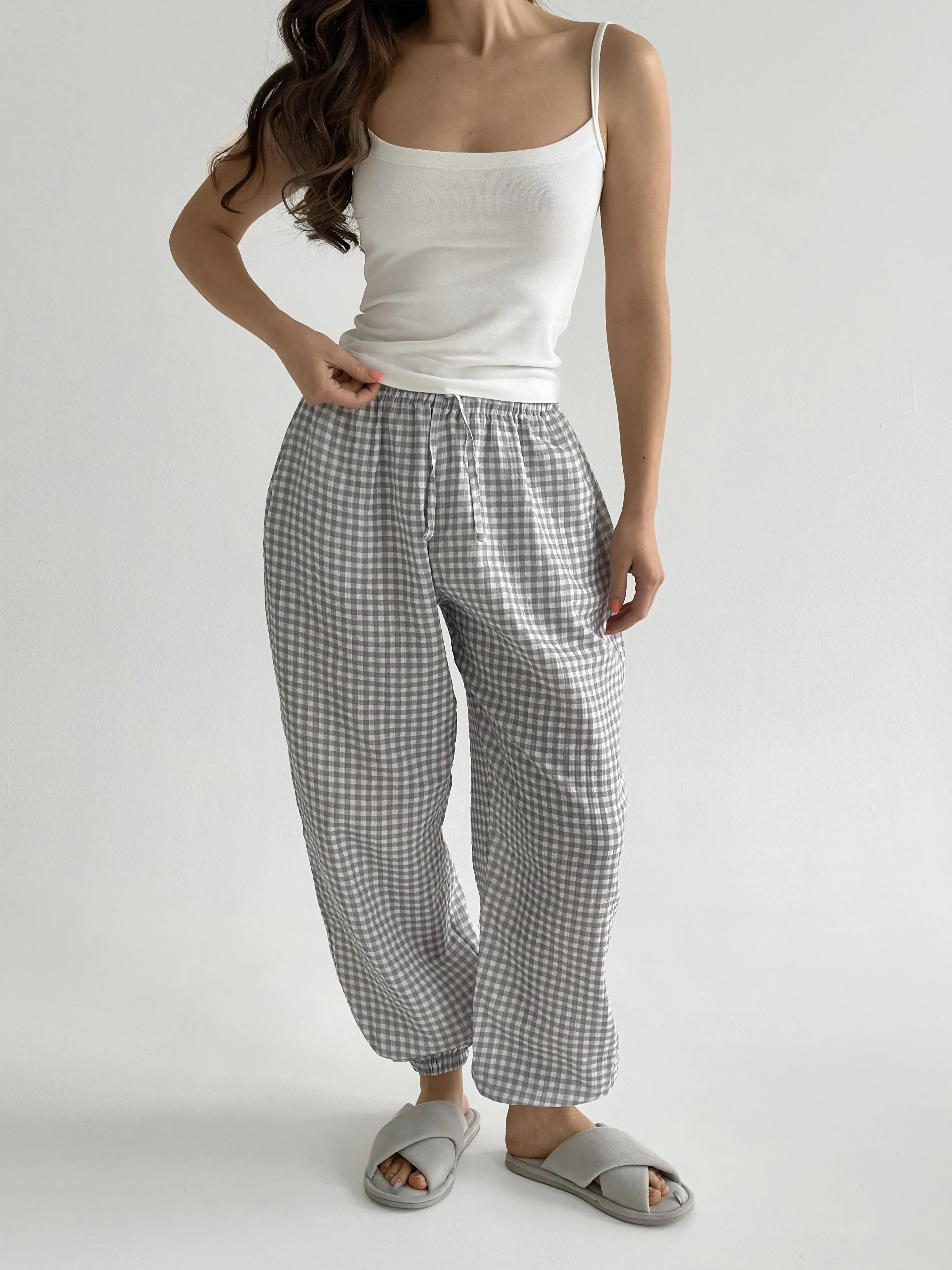 Muslin 2-layer Harem pants, gray check on milky