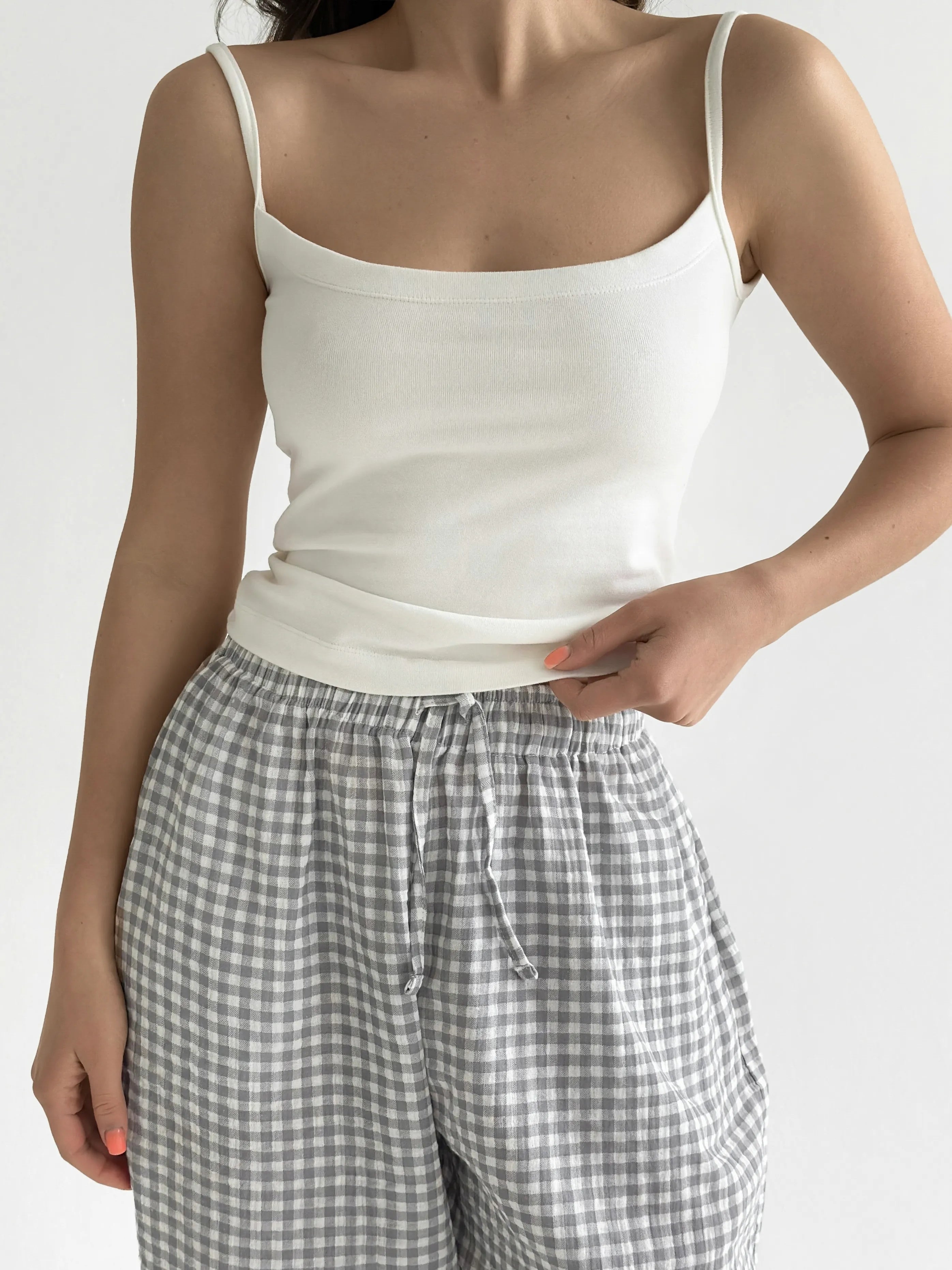 Muslin 2-layer Harem pants, gray check on milky