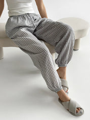 Muslin 2-layer Harem pants, gray check on milky