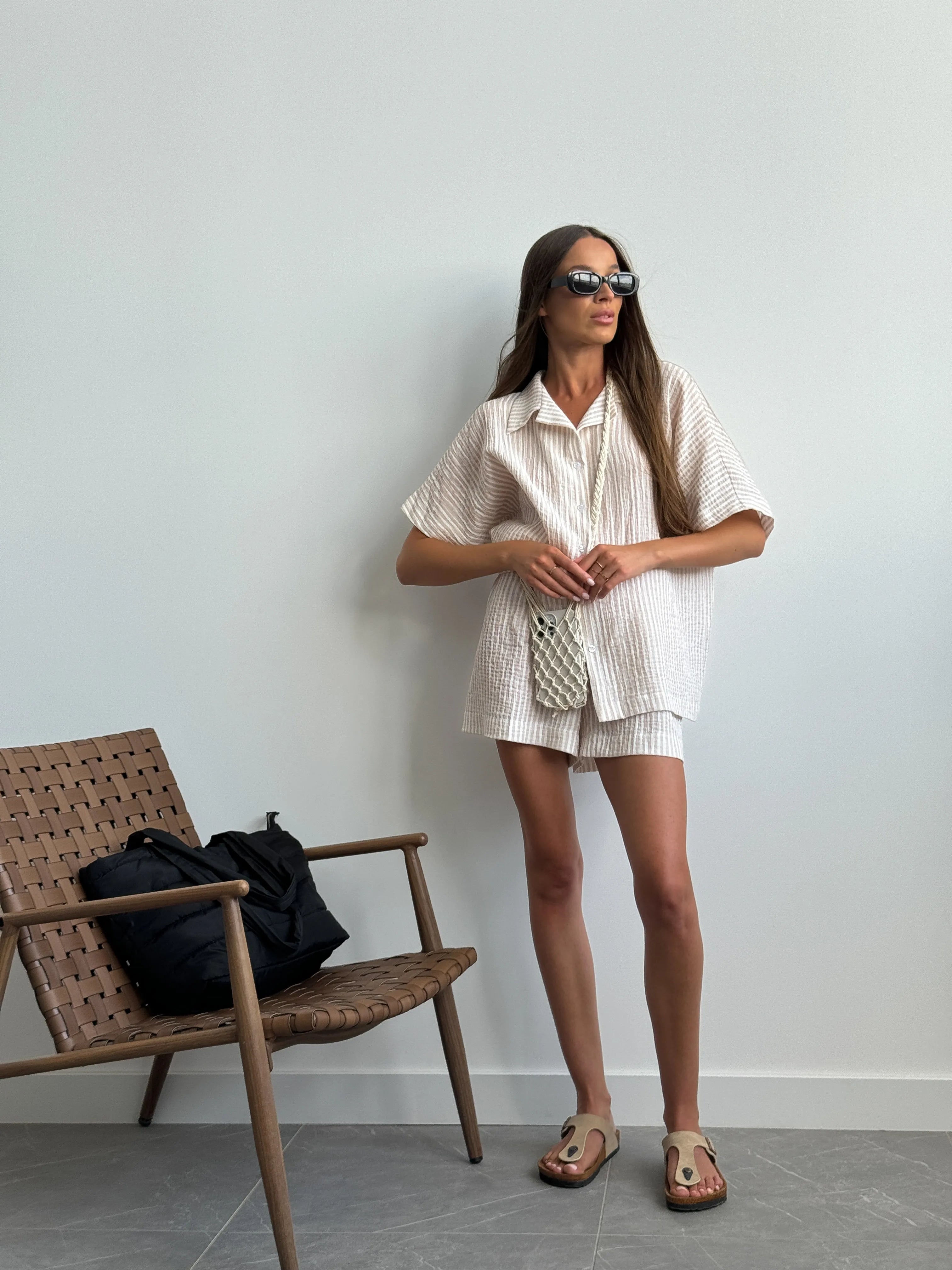 Muslin 2-layer shorts + striped shirt beige suit