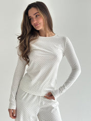 Knitwear set of pants and long sleeves, polka dots, blue on white