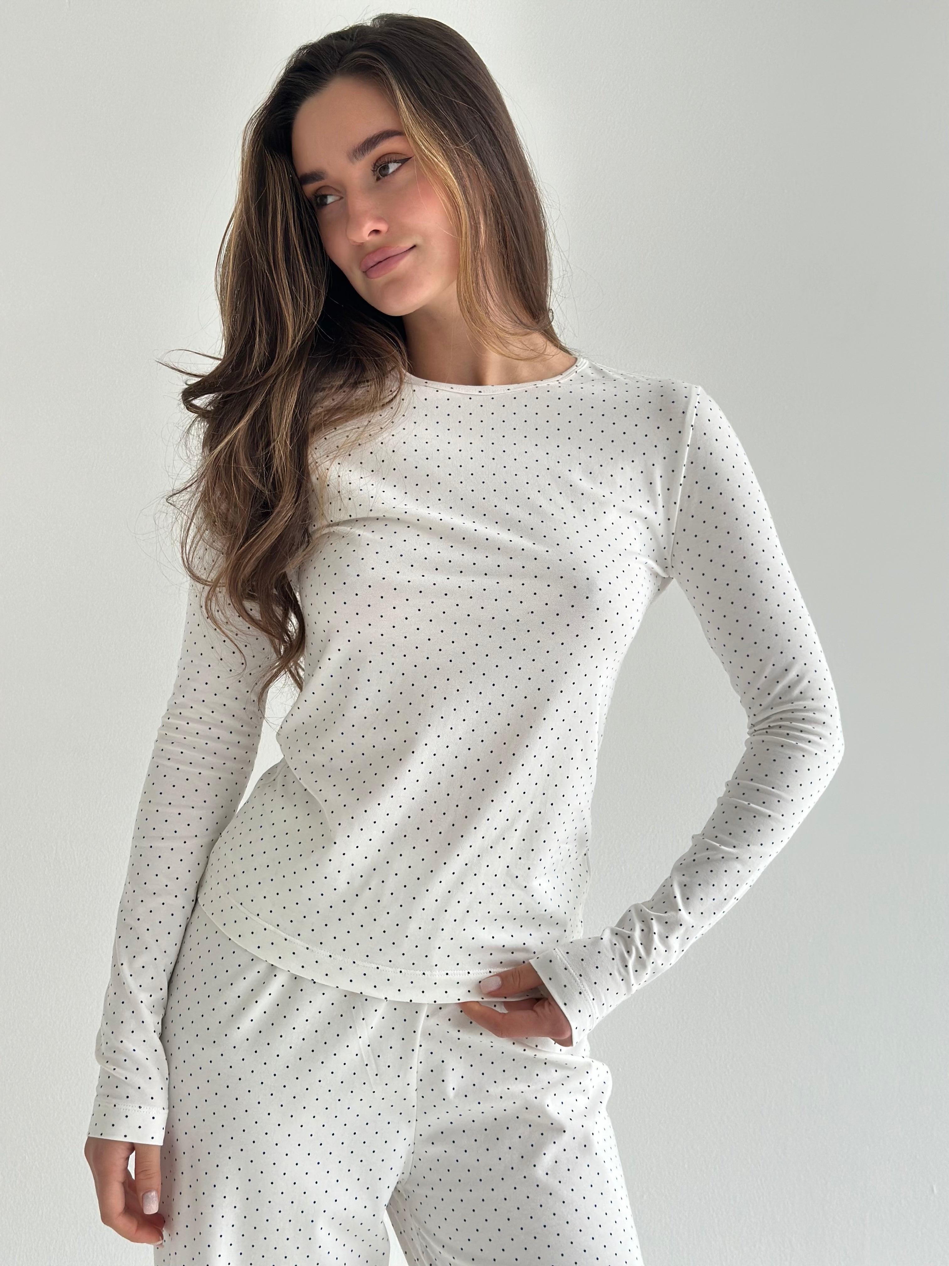Knitwear set of pants and long sleeves, polka dots, blue on white