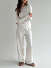 Knitwear set of pants and long sleeves, polka dots, blue on white