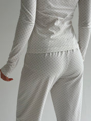 Knitwear set of pants and long sleeves, polka dots, blue on white