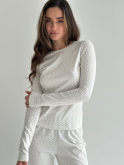 Knitwear set of pants and long sleeves, polka dots, blue on white