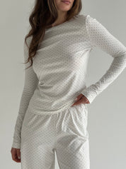 Knitwear set of pants and long sleeves, polka dots, blue on white